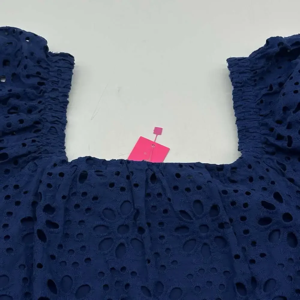 Lilly Pulitzer Kerrigan Size XL Oyster Bay Navy Elbow Sleeve Flower Eyelet Top